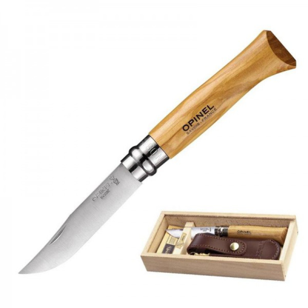 Ніж Opinel №8 VRI Оливкове дерево, шкіряний чохол, в пеналі