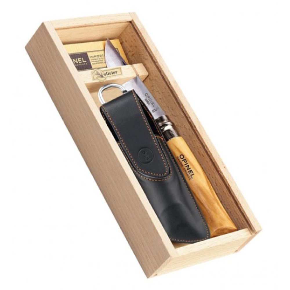 Ніж Opinel №8 VRI Оливкове дерево, шкіряний чохол, в пеналі