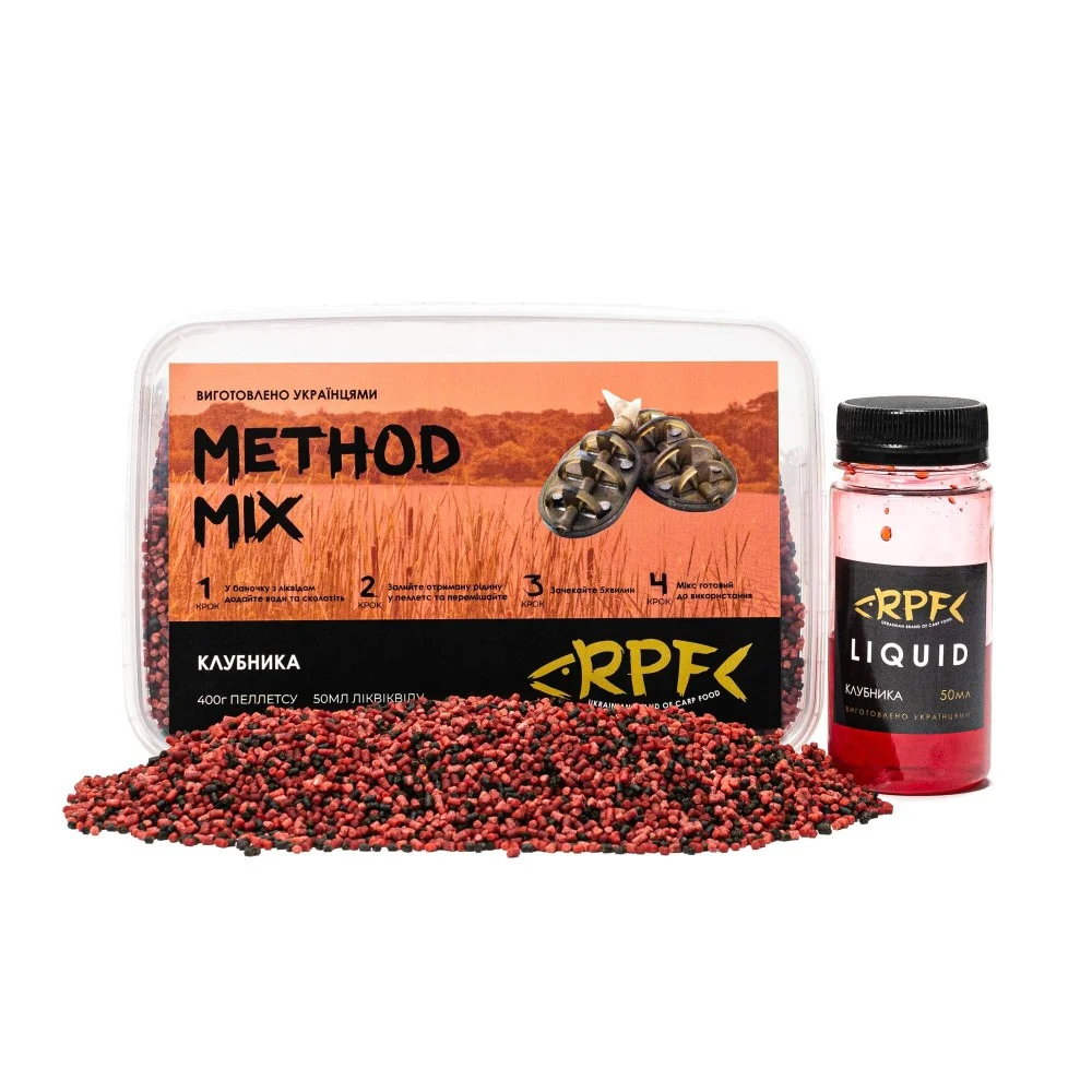 Метод-мікс 2 в 1 RPF Полуниця (пелетс 2мм 400гр + 50мл ліквіду)